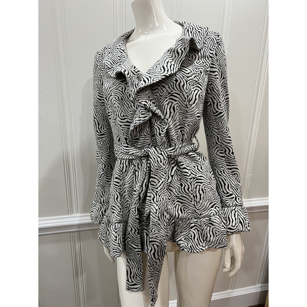 Sandro Studio Jacket Womens Black Tan Zebra Animal Print Ruffle Belted Small